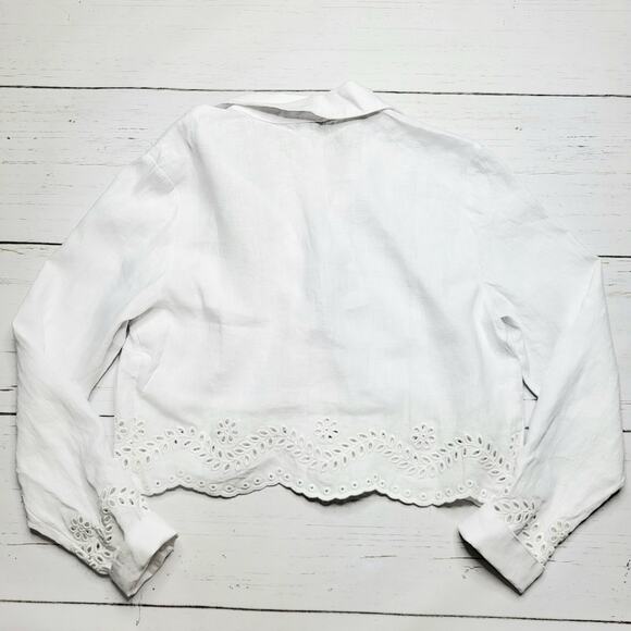 Guess Leyna Embroidered Eyelet Crop Linen Shirt White Scallop Hem Button Medium - Picture 4 of 10